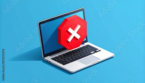 Laptop with red error block symbol on teal background cybersecurity concept