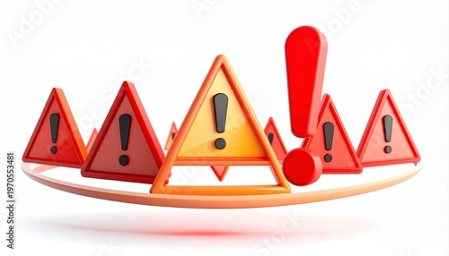3D red caution triangles and exclamation mark floating on orange glow background