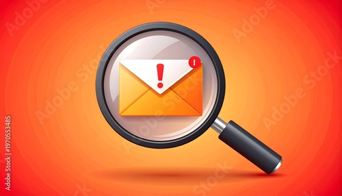 Magnifying glass examining urgent email notification with exclamation mark on red gradient background
