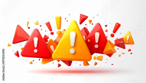 3D caution warning signs with exclamation marks exploding in vibrant red and orange colors