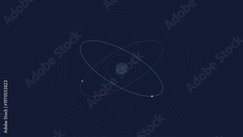 Digital atom symbol with glowing blue orbital lines