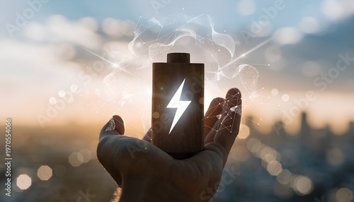 Hand holds wooden battery cutout, sun shines through lightning bolt at golden hour. Industrial backdrop with tower, plant, water. Warm tones symbolize renewable energy and power storage. 