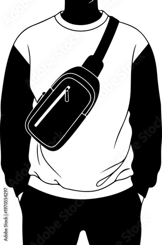 Black and white illustration of man wearing fanny pack, waist bag, crossbody bag, travel accessory
