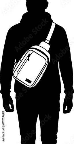 Man with fanny pack, silhouette illustration, black and white, travel accessory