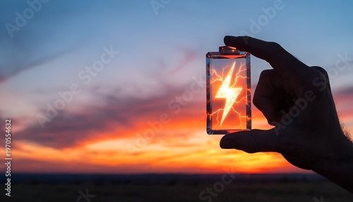 Hand holds wooden battery cutout, sun shines through lightning bolt at golden hour. Industrial backdrop with tower, plant, water. Warm tones symbolize renewable energy and power storage. 