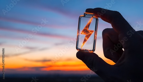 Hand holds wooden battery cutout, sun shines through lightning bolt at golden hour. Industrial backdrop with tower, plant, water. Warm tones symbolize renewable energy and power storage. 