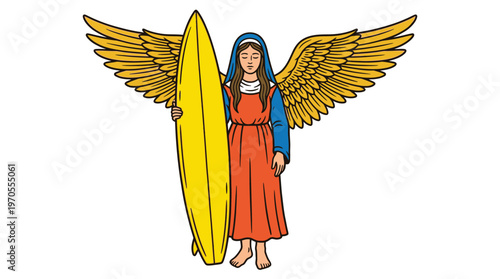 Spiritual Surfer Angel Illustration with Yellow Surfboard for Summer Sport Brand Apparel and Graphic Design