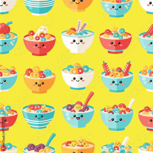 Cute Kawaii Cereal Bowls with Happy Faces Pattern.