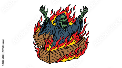 Vintage Grim Reaper Skeleton Rising from Burning Wooden Coffin Illustration Graphic for Halloween and Streetwear