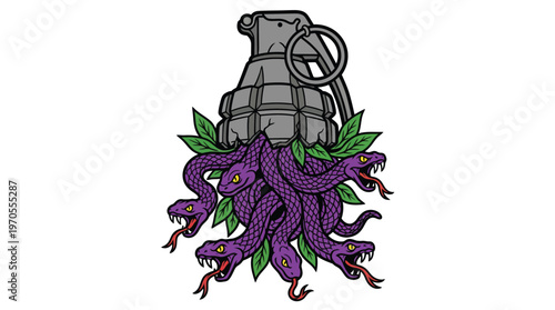 Conceptual Urban Streetwear Graphic of a Fragmentation Hand Grenade with Poisonous Purple Snakes and Green Leaves