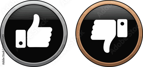 Two glossy circular buttons with white thumbs up and thumbs down icons on a black background, representing like and dislike.