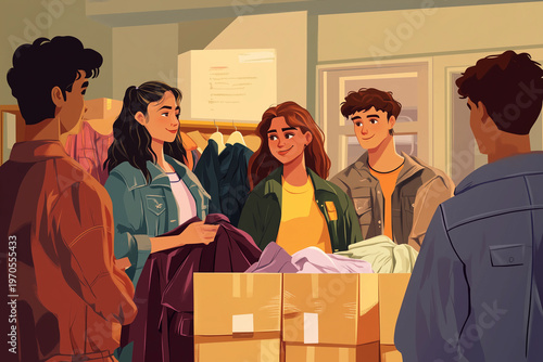 People shopping clothes, unique and vintage finds in second hand thrift shop. Sustainable fashion, zero waste lifestyle.