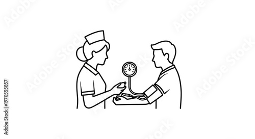 Nurse taking blood pressure of patient.