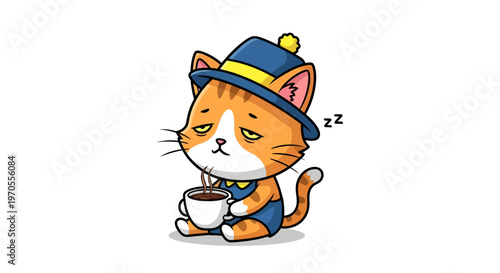 Cute Tired Cat Drinking Coffee Vector Illustration. Cartoon Feline Character for Morning Routine and Fatigue.