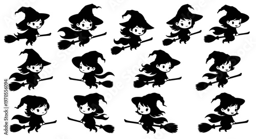 Cute Witches Flying Broomsticks Vector Illustration, Cartoon Halloween Graphics for Kids' Seasonal Design