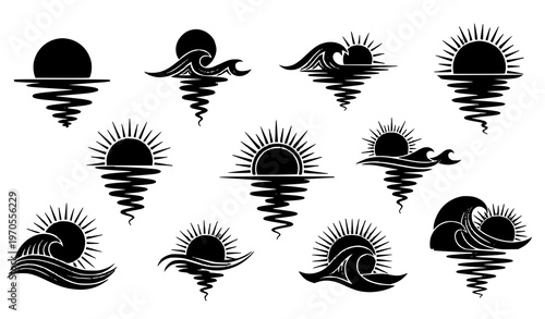 Black sun and ocean wave silhouettes with long water reflection retro sunset vector collection