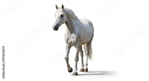Majestic White Horse Walking Gracefully on White Background.