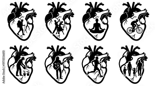Black and white anatomical real heart vector silhouette set framing lifestyle activities like hiking, dancing, yoga, cycling, gardening, music, running, and family time