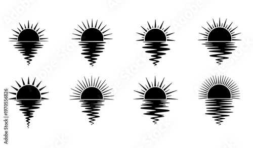 Retro sunset wave icons with black sun silhouettes and long water reflection vector set