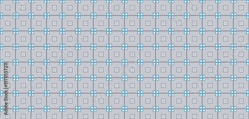 Geometric seamless pattern, modern abstract grid design, repeating light blue and white squares on grey background, decorative texture wallpaper.