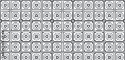 Seamless geometric pattern with abstract concentric circles in squares, monochrome grey and white grid background, modern tech design.