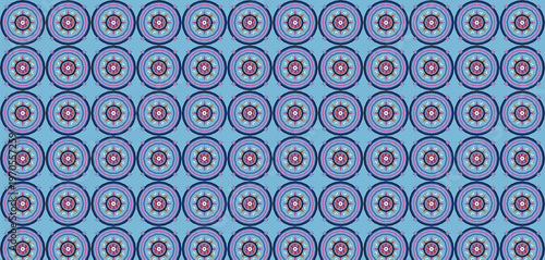 Colorful seamless pattern, vibrant abstract geometric circles, blue, pink, orange, red. Bohemian tribal ethnic design background.