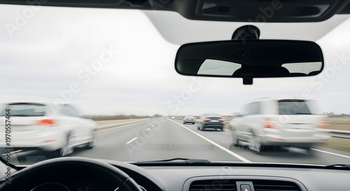 Driving on a highway with blurred cars.