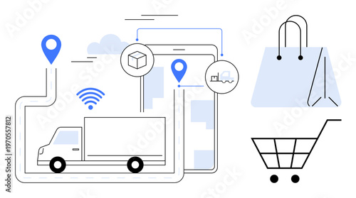 E-commerce, delivery services, order tracking, logistics planning, online shopping, connectivity solutions. Truck with location markers and shopping media icons. E-commerce and delivery services