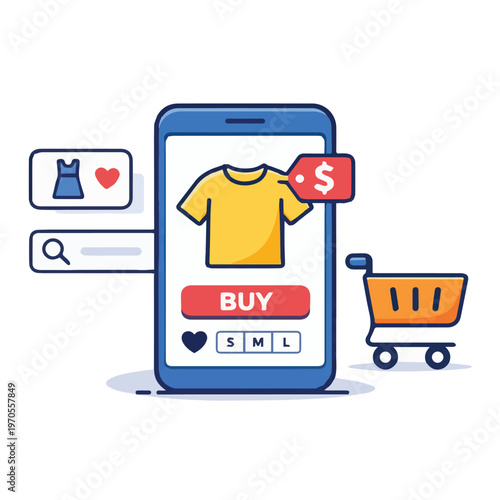 Vector artwork of a smartphone screen featuring an online shopping app, designed with clean elements to represent advanced technology, ease of use, and digital commerce trends.
