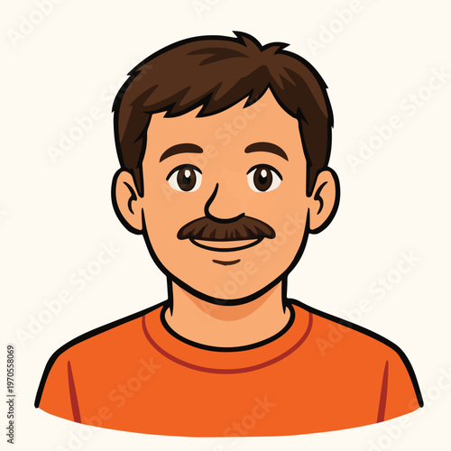 A vector portrait of an adult man with a thick mustache wearing an orange T-shirt, featuring bold lines and a clean style that highlights a confident and modern look.