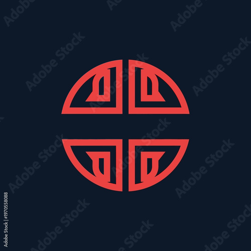 Red Geometric Symbol on Dark Blue Background.