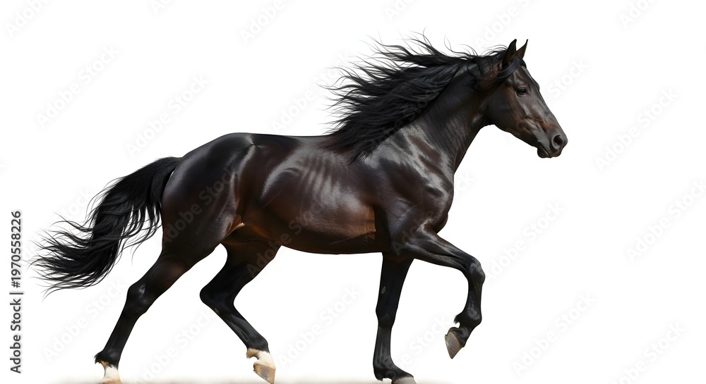 Fototapeta premium Majestic Black Horse Galloping with Flowing Mane and Tail on White Background.