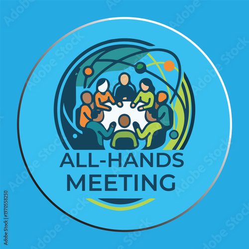 All-Hands Meeting Vector Illustration with Diverse Team Sitting Around Circular Table for Corporate Communication Concept