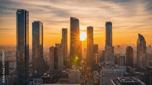 Warm golden hour sunlight illuminates a modern city skyline with tall buildings. Ideal for business, travel, and urban lifestyle visuals with a calm morning atmosphere.