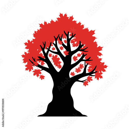 Autumnal Maple: A stylized silhouette of a vibrant maple tree, its crimson foliage ablaze against the sky, symbolizing the season's transformative beauty.