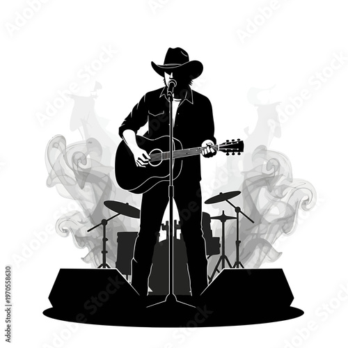 Silhouette of a Country Music Performer: A silhouette of a musician performing on stage with an acoustic guitar, immersed in the energetic ambiance of a concert.