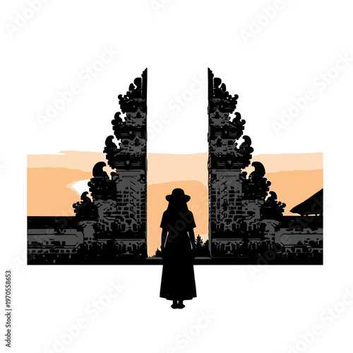 A Silhouette's Journey Through Ancient Gates: A lone figure, bathed in the soft glow of dawn, stands before an ancient, ornate gate, embarking on a journey through time and culture.