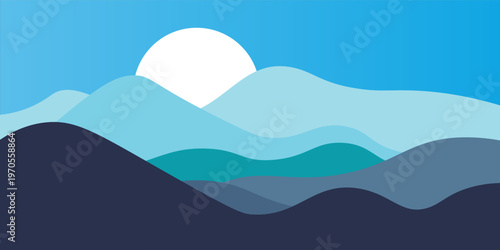 Mountain colors, with translucent wave blue background, sunset, abstract glass shapes, modern background, illustration design eps10
