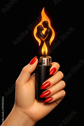 A hand strikes a lighter, revealing a passionate couple's silhouette within the glowing orange flame.