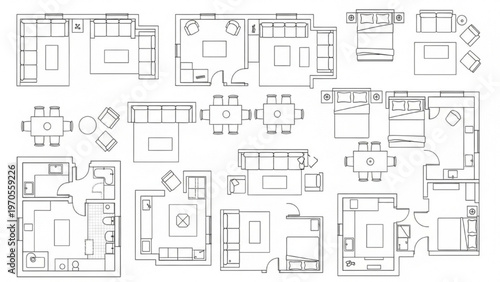 Various apartment floor plan layouts for residential and commercial spaces