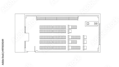 Top-down view of a modern library interior with shelves of books and reading areas