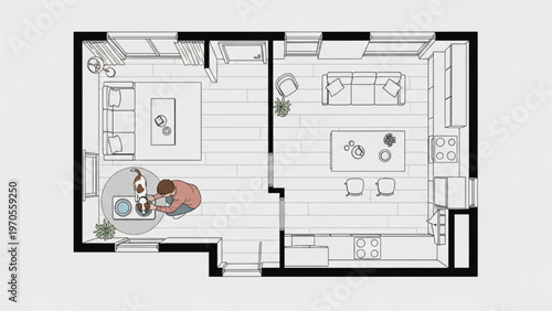Overhead view of a modern apartment living room and kitchen with furniture