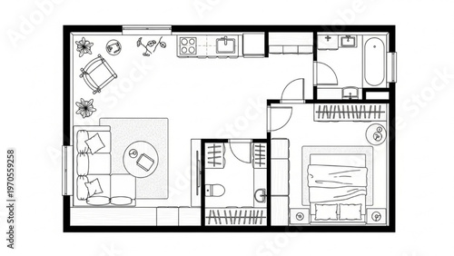 Modern Apartment Floor Plan CAD Drawing Residential Layout with Furniture, Zoning, and Technical Blueprint Top View
