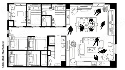 Top View Residential Apartment Floor Plan CAD Drawing with Furniture Layout and Human Silhouettes Blueprint