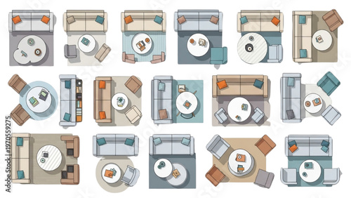 Top View Living Room Furniture Layout Set – Modern Residential Interior Floor Plan Icons, Vector Space Planning Templates