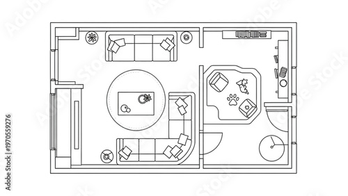 Modern Residential Living Room Floor Plan CAD Drawing with Furniture Layout, Orthographic Technical Blueprint