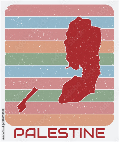 Palestine vintage logo. Shape of the country on retro colored stripes background. Palestine map design with grunge scratch texture. Vector illustration.