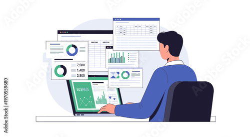 Illustration of a man sitting at a desk analyzing data on multiple computer screens with graphs and charts in a modern workspace.