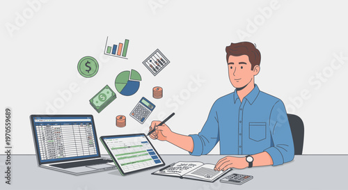 Illustration of a man sitting at a desk with a laptop and tablet, analyzing financial data with graphs and charts floating above, in a professional and productive setting.
