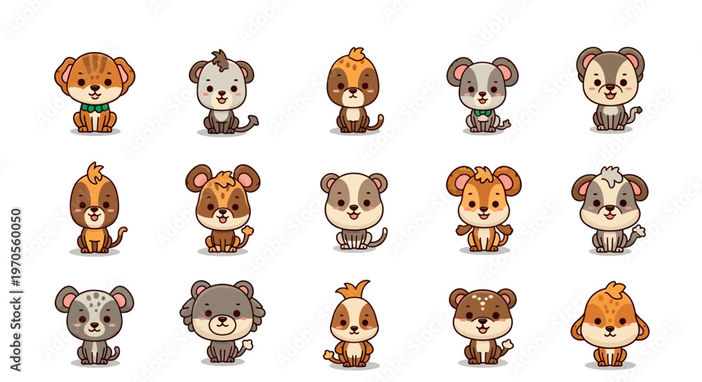 Obraz premium Cute Funny Cartoon Animal Vector Set with Dog Cat Bear Lion Cow Horse Pig Elephant Giraffe Rabbit Baby Pet Farm and Safari Characters Illustration Icons